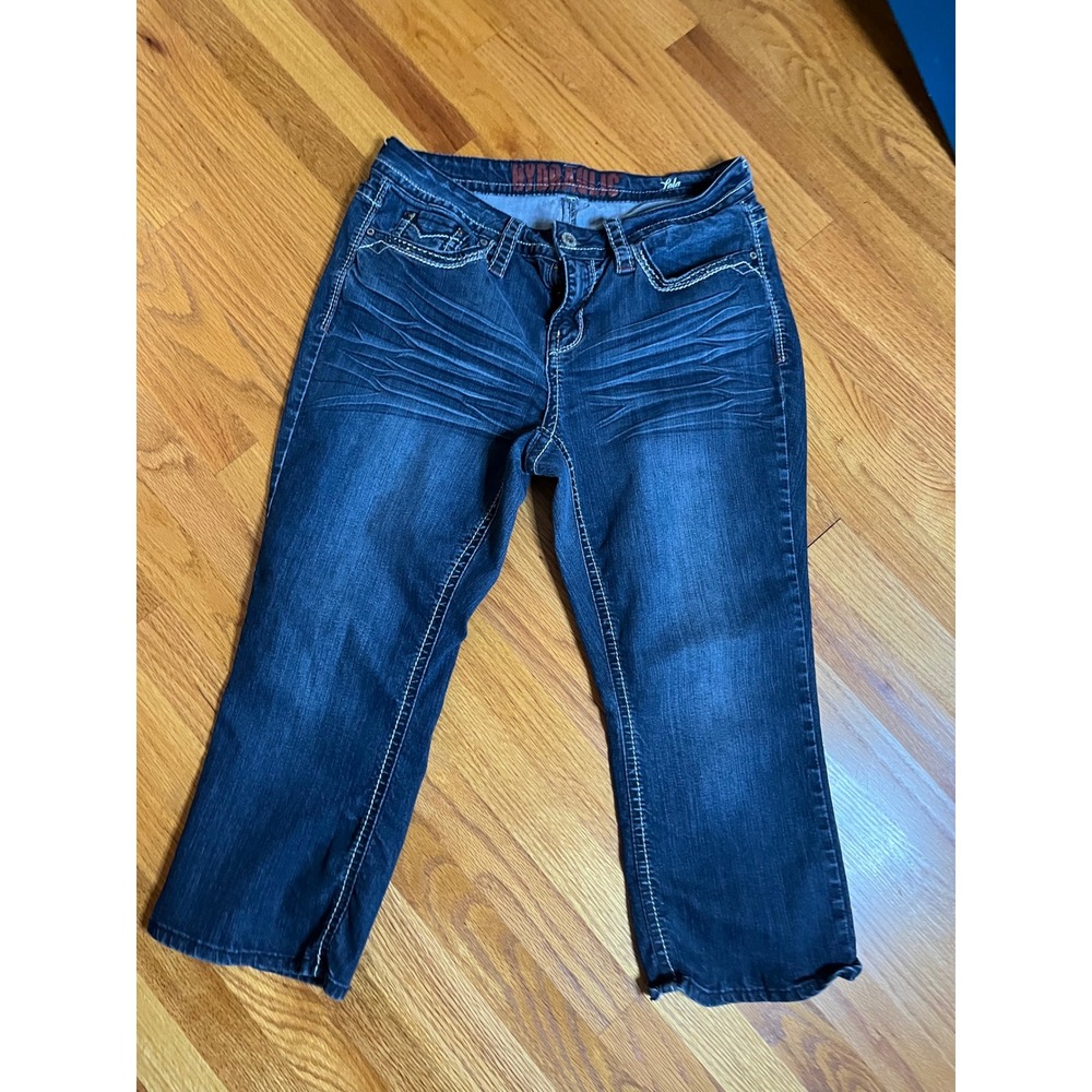 Hydraulic Embellished Crop Jeans Dark Wash Denim White Stitching 16 READ